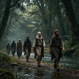 muslim adventurers walking along the river bank in a forest, an epic fantasy, dramatic lighting, cinematic, extremely high detail, photorealistic, cinematic lighting, matte painting, artstation, by Christopher Nolan, horizon forbidden west