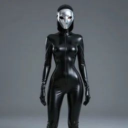 hooded flat slim thin petite female plague doctor, in extra tight shiny black latex suit, long sleeves, turtleneck, trending on artstation, silver plague crow mask, by sakimichan, establishing shot
