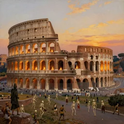 colosseum on fire in ancient rome being invaded by skeletons, wide angle view, top view, sunset, hyperrealistic, high detail, oil painting, 8 k,