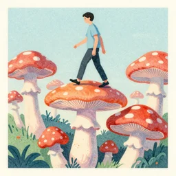 human walking on the tops of mushrooms, korean surrealist illustration, moebius, risograph, 8 k pastel colors, motion, trending on artstation