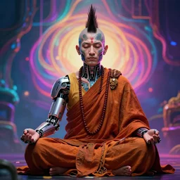 meditating monk with mohawk and tattoo on face and cybernetic enhancements, psychedelic visuals, ultra realistic 8 k resolution.