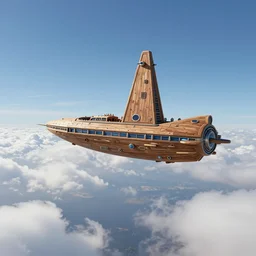 landscape : a large wooden sleek fantasy sky - ship flying through the clouds with blue sky, andreas rocha style