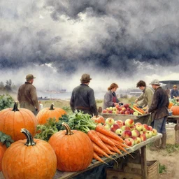watercolor painting of farmers market, large pumpkins and carrots, apples and peaches, art by anders zorn, wonderful masterpiece by greg rutkowski, beautiful cinematic light, american romanticism by greg manchess, creation by tyler edlin, stormy puffy clouds and harbour in distant background, foggy