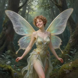 pretty happy forest fairy by artgerm in a scenic woods, graceful wings muted colors, sharp focus, high fantasy art, fairy aesthetics, intricate, elegant, highly detailed, hyperrealistic painting, artstation, concept art, v painterly, dreamy, soft illumination, hasselbrad photography, illustration, art by scot howden