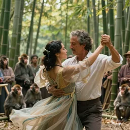 cinematography closeup portrait of couple dancing in a bamboo forest, thin flowing fabric, audience of monkeys, natural light by Emmanuel Lubezki