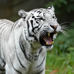 a tiger with white and light blue fur roaring