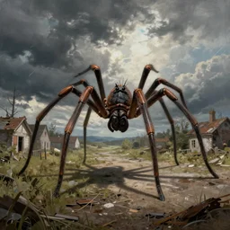 surreal painting of giant spider walking through an abandoned town
