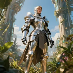 a Big and strong, full armored female knight in a hi-tech botanical world with blue skies | style of boris vallejo, vincent callebaut, dramatic light | high detail | cinematic lighting | pristine metals, glass, plants | solarpunk | golden hour | volumetric lighting | concept art |