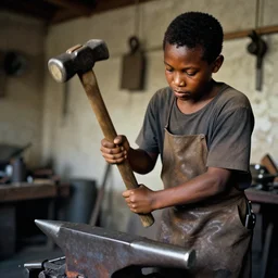 a photo of a blacksmith kid holding big hammer by terry richardson