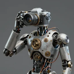 humanoid robot with an old school camera for a head, sci - fi, cyberpunk, 4 k, realistic, detailed, gears, wires, cables, gadgets