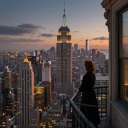 a woman standing on a balcony overlooking an axonometric 1920s New York City at dusk, by Rolf Armstrong and Evelyn De Morgan and Bastien Lecouffe-Deharme, dramatic lighting, high contrast colors, baroque, empyrean, panoramic view, as trending on Artstation, highly detailed, doom engine,
