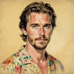 “ christian bale portrait by ikenaga yasunari and ayana otake and ko rakusui, 6 0 s poster, drawing, realistic, sharp focus, japanese, dreamy, nostalgia, faded, golden hues, floral clothes, porcelain skin ”