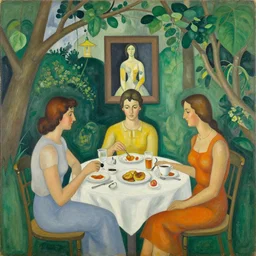 a quiet breakfast in the garden of eden, by georg baselitz and georgia o'keeffe and antoni saura,