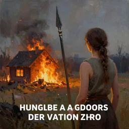 a woman holding a spear watching a house on fire, digital art, oil on canvas, trending on Artstation, award-winning