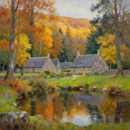 stone cottages underneath at glen affric forest, pristine ponds. bodyscapes. fine painting intricate brush strokes, bright depth oil colors. 2 8 mm perspective multisourced photography by araken alcantara. intense promiseful happiness, autumn sunrise warm hdri forest light