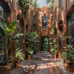 a painting of a bronze art-deco alley lined with plants, a detailed matte painting by Anka Zhuravleva, cgsociety, light and space, rendered in unreal engine, artstation hq, artstation hd