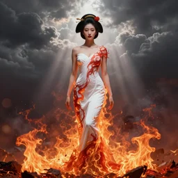 dress made of fire, japanese woman, solemn, female, rising from ashes, high detail, high contrast, extreme close up portrait, beautiful, bokeh, storm clouds, god rays, d & d, fantasy, elegant, red orange white color palette, concept art, artgem, greg rutkowski, alphonse mucha