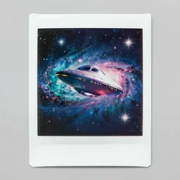 polaroid photo of an ufo in a colourful galaxy, twinkling stars, cyan blue pink and red color bleed, slight lens glare
