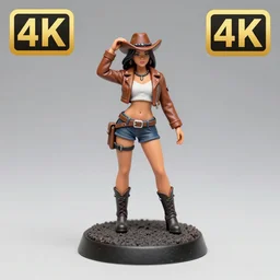 80mm resin detailed miniature of a cow girl, Short brown leather jacket, hot-pants, ten-gallon hat, navel, olive thigh skin, on textured disc base; Miniature product Introduction Photos, 4K, Full body