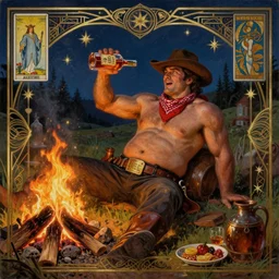 a dramatic, epic, ethereal painting of a !!handsome!! stocky mischievous shirtless !!cowboy!! with a beer belly wearing a large belt and bandana offering a whiskey bottle | he is relaxing by a campfire | background is a late night with food and jugs of whisky | homoerotic | stars, tarot card, art deco, art nouveau, intricate | by Mark Maggiori (((and Alphonse Mucha))) | trending on artstation