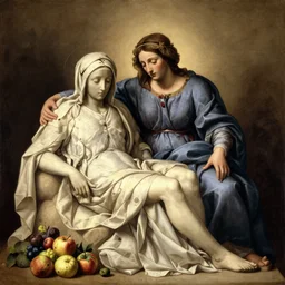 la pieta masterpiece ultrarealistic ultradetailed painting of catholic veiled lady beside fruits, still life, greg rutkowski, immerse, slime, special effects makeup, maximalist, glittering, gold, ivory, hyperreal, golden ratio, alphonse mucha
