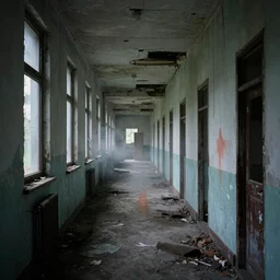 of the abandoned hallways of pilgrim state psychiatric center with ethereal mysterious spectral stains from its long dead patients, style of dariusz zawadzki