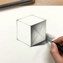 An educational artist's demonstration of a single simple cube drawn in one point perspective. Sketch.