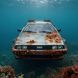 movie frame still of rusted barnacle covered delorean at the bottom of the ocean, cinematic lighting, zenith view, ultra wide angle, 8 k