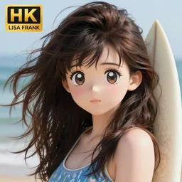 kawaii surfer girl with wild hair, inspired by lisa frank, anime, detailed anime, hyper realistic anime, realistic anime, manga anime, chibi anime, detailed, highly detailed, hd, 4 k, sharp, clear, high res, high quality, cinematic, 2 point studio lighting,