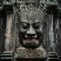 an ancient temple, with mysterious symbols carved into the stone, scary, grotesque