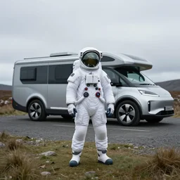 tourist astronaut wearing futuristic space suit, standing in the Isle of Harris, Scotland, a futuristic silver campervan in the background, wide angle lens, photorealistic