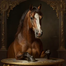 portrait of a horse sitting upon a table with heightened detail, poised, intense emotion, detailed facial expression, detailed surroundings, intricate, elegant, highly detailed, centered, digital painting, artstation, concept art, smooth, sharp focus, illustration, by ( leonardo da vinci ), wlop