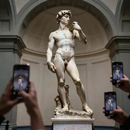 the statue david from michelangelo descending from his pedestial and waving one arm, surrounded by people with smartphones