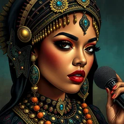 detailed rihanna as egyptian umm kulthum, by james gurney + intricate and vibrant work + portrait + trending on artstation + incredible gothic illustration + exquisite detail