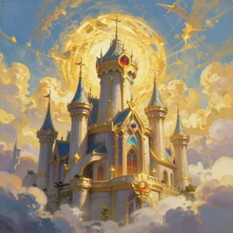 a beautiful painting of demacia the kingdom in the sky, wide angle, vibrant color, gold, hd