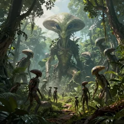an alien civilization living in the amazon jungle, matte painting, cinematic lighting, wide angle, trending on artstation, style by dylan cole