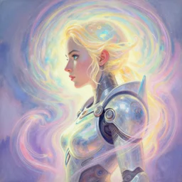 side profile painted portrait by thomas blackshear, imogen poots as tech paladin, gloomhaven, luminescent, colorful swirly magic ripples, pastel colors, by craig mullins, greg manchess, raymond swanland, anders zorn, by bayard wu, huang guangjian, greg rutkowski, jesper ejsing