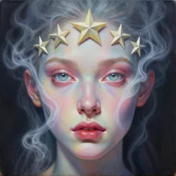 intricate five star ethereal spirit emitting vapor facial portrait by casey weldon, oil on canvas, hdr, high detail, photo realistic, hyperrealism, matte finish, high contrast, 3 d depth, centered, masterpiece, vivid and vibrant colors, enhanced light effect, enhanced eye detail, artstationhd