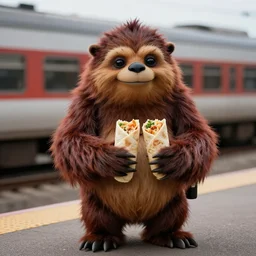 sasquatch holding a burrito waiting a train