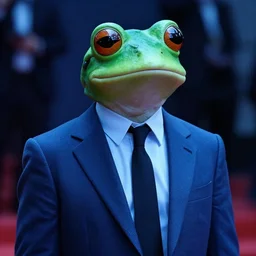the most beautiful cybercore frog buisnessman, casual elegant suit, blue low - light photography, angelic detail, subsurface scattering, scene from cannes award winning movie