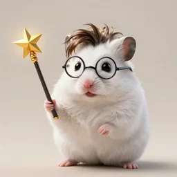 white hamster holding a magic wand with harry potter hair and round glasses