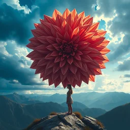 closeup perspective, giant dahlia flower as head, girl standing on mountain, surreal photography, blue storm clouds, dramatic light, impressionist painting, digital painting, artstation, simon stalenhag