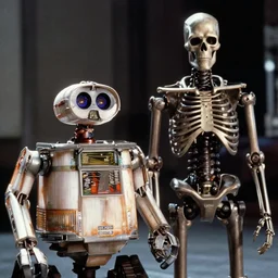 movie still johnny 5 from short circuit vs the terminator endoskeleton, cinematic lighting, epic composition, film grain,