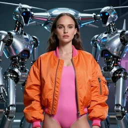 beautiful portrait, natalie portman, wearing oversized orange pink bomber jacket and pink leotard, futuristic chrome drones, ultra realistic, dramatic lighting, robots, tron legacy artifacts, highly detailed by peter mohrbacher, wayne barlowe, boris vallejo, aaron horkey, gaston bussiere, craig mullins, mœbius, roger dean, paul lehr