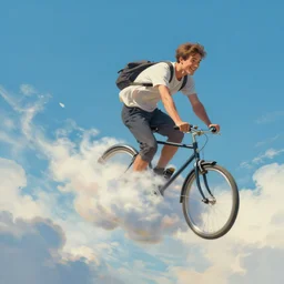 5ft away from a striking scene, a painting of a happy man flying in the sky on his bicycle in the clouds, award-winning digital art by Ross Tran