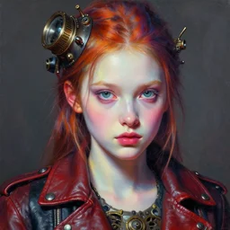 head and shoulders portrait of a young girl in a leather jacket, pale skin, vibrant color, steampunk, high detail, painting by artgerm and ruan jia and frank frazetta