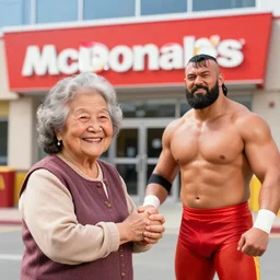 a smiling lovely cute granny holding hands with a professional wrestler infront of mcdonald's. editorial photography
