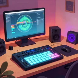 trending on art station, cartoon music production bedroom, led music gear on desk, ableton push 2