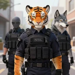 beautiful furry art portrait commission of a male furry anthro tiger fursona and a male furry anthro wolf fursona both wearing a tactical swat uniform in the streets of a cyberpunk city at night in the snow. neon signs. character design by charlie bowater, ross tran, artgerm, and makoto shinkai, detailed, inked, western comic book art