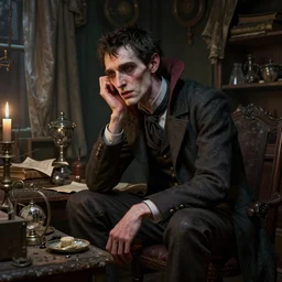 detailed photorealistic matte painting night portrait of single neurotic british man thin face confidant vampire in a dusty workshop cluttered with paraphernalia drapery scattered books curtains atmospheric hdr vivid color octane render unreal engine subsurface scattering greg rutkowski artstation